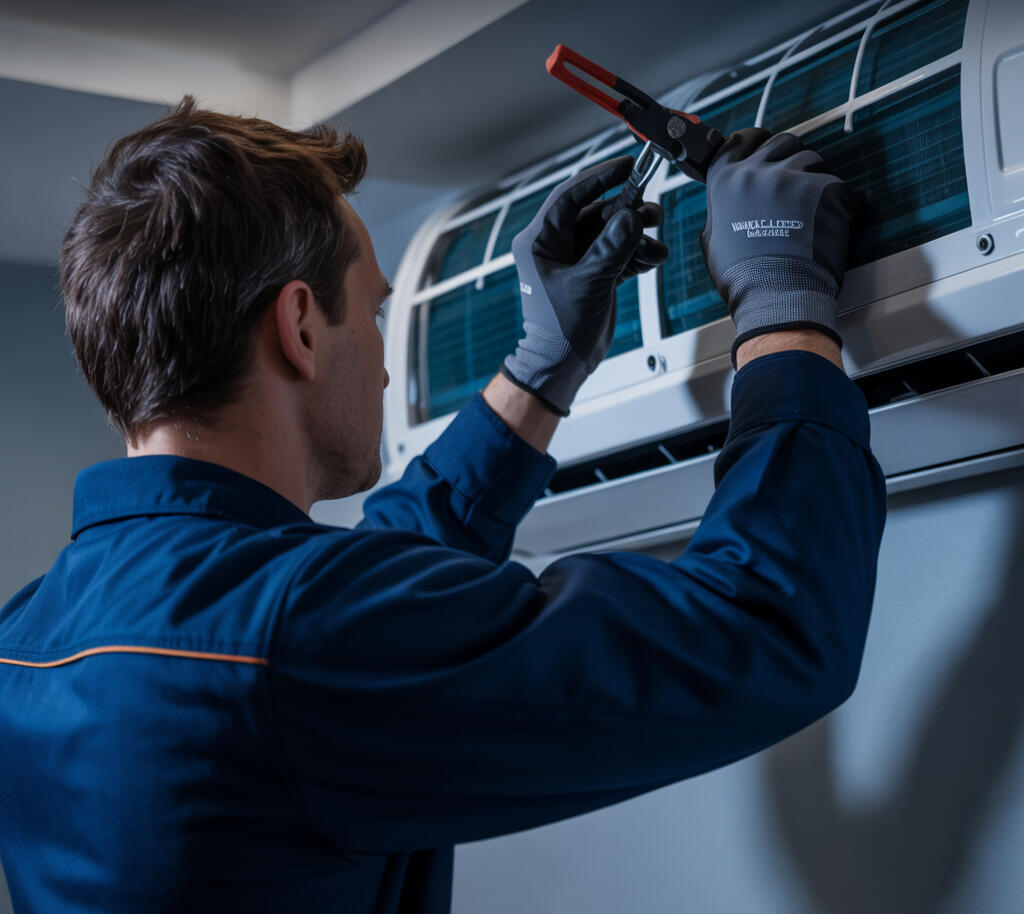 Serwis klimatyzacji Bielsko-Biała Handyman – kontrola i czyszczenie filtra Technik serwisujący klimatyzator ścienny w mieszkaniu, przegląd i czyszczenie filtra – usługa Handyman Bielsko-Biała